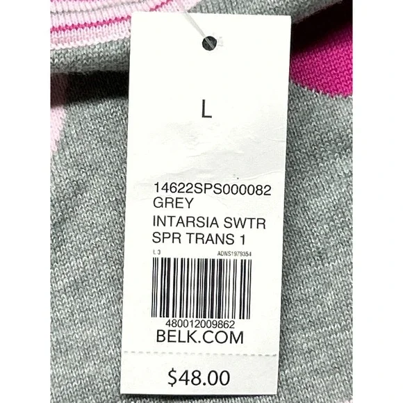 Kim Rogers Intarsia Sweater Womens Size L Gray Pink Hearts Cotton Round Neck New - Picture 7 of 9